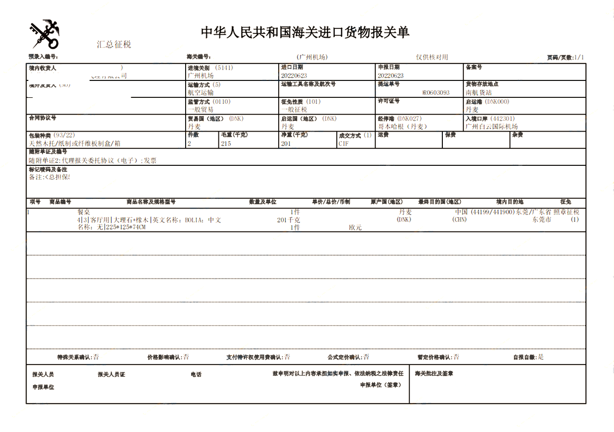丹麦餐桌进口报关流程服务